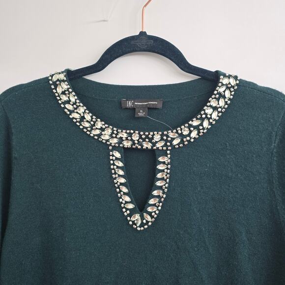 NWT Women’s Green Wool Silk Cashmere Sweater XL Embellished Glam Holiday Preppy - Picture 3 of 8